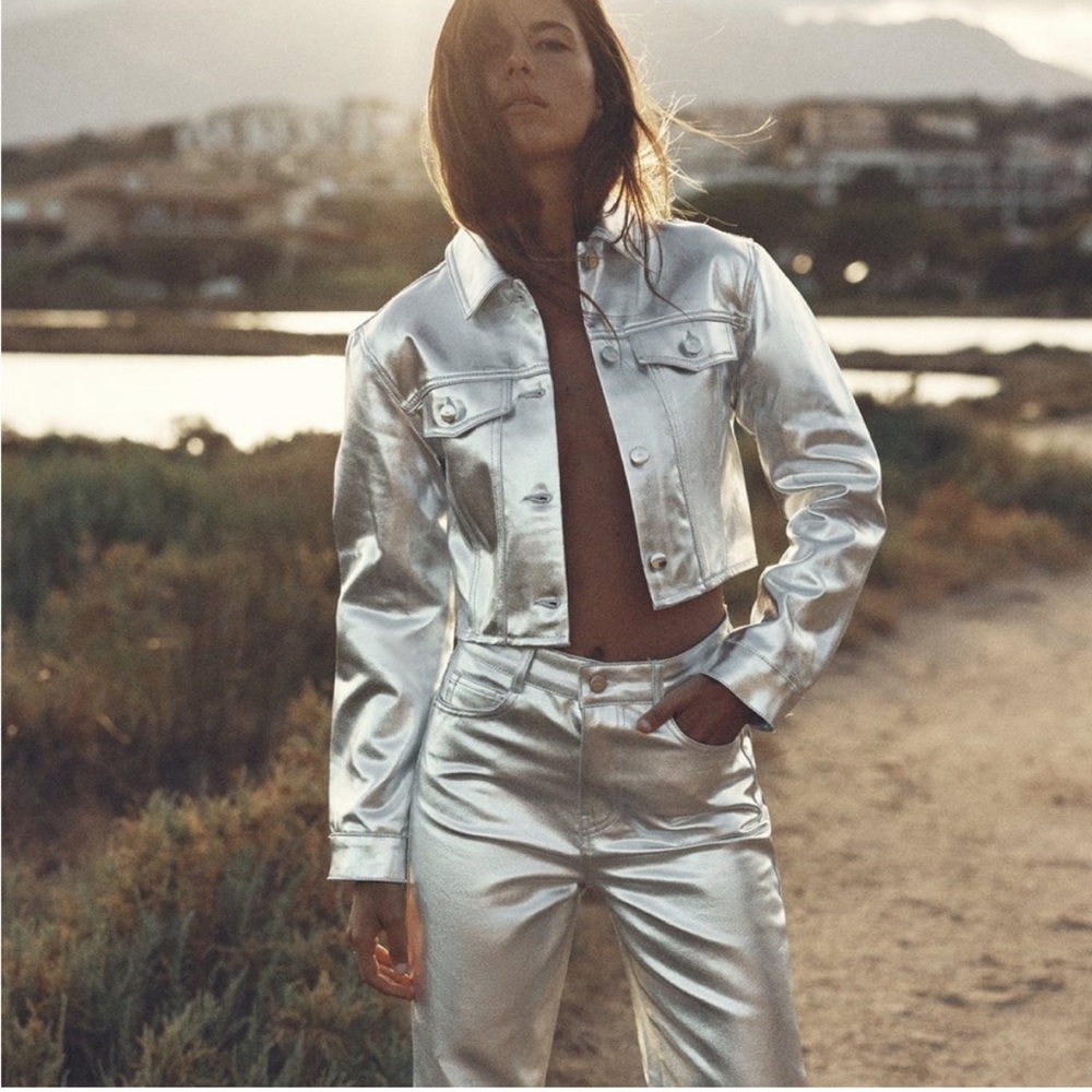 NWT Zara Silver Denim Jacket XS | silver metallic denim cropped jacket